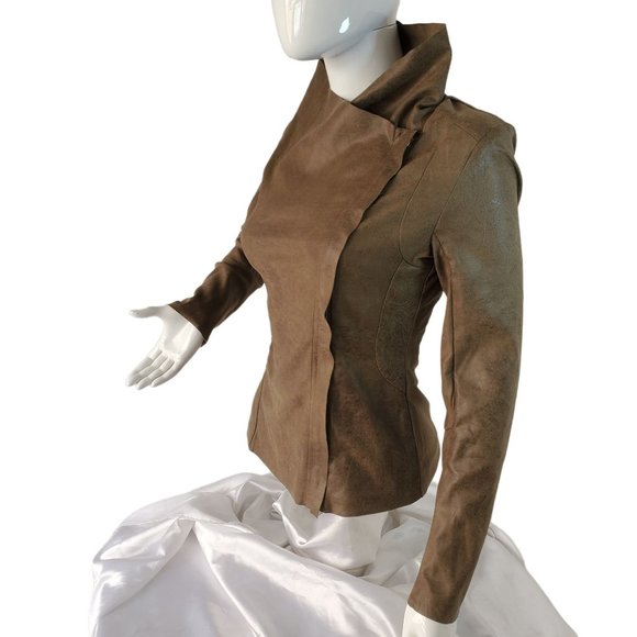 Malibu Sky Microfiber Jacket Top Brown Faux Leather Asymmetrical Zip Women Small - Picture 3 of 12